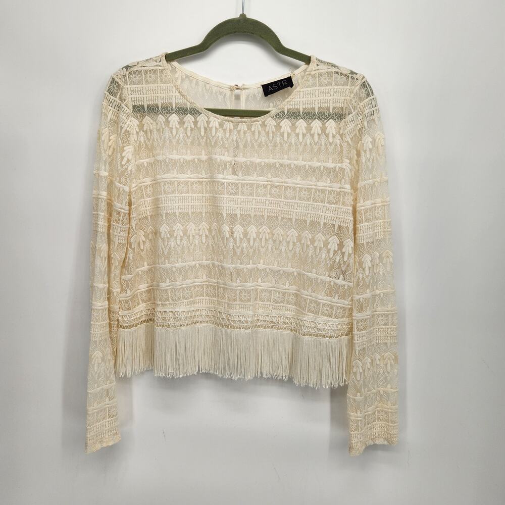ASTR Cream Boho Sheer Lace Fringe Button Back Long Sleeve Blouse Women's L